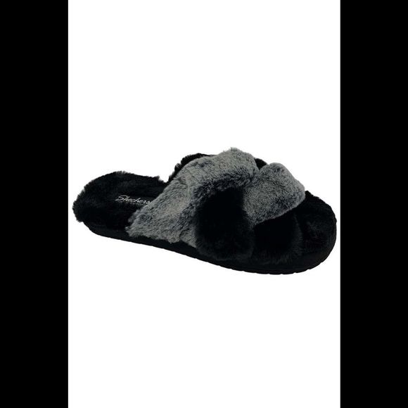 Skechers Shoes - Skechers Faux Fur Cross Strap Slippers Cozy Slide Black - Medium